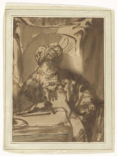 Actor Willem Bartholsz Ruyter as King Ahasuerus on his Throne by Rembrandt van Rijn