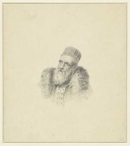 Oude gebaarde man in 17de-eeuwse fantasiekleding by anonymous