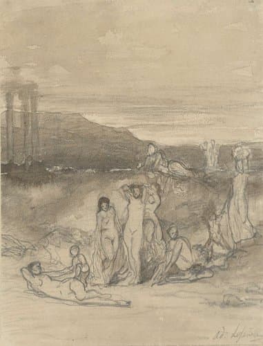 Klassiek landschap met liggende, staande en zittende naaktfiguren en een tempelruïne by Adolphe René Lefèvre