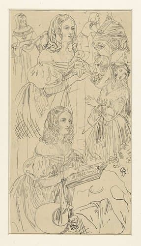 Studieblad met vrouwenfiguur in 19e eeuws costuum, en andere figuren by Rodolphe Bresdin