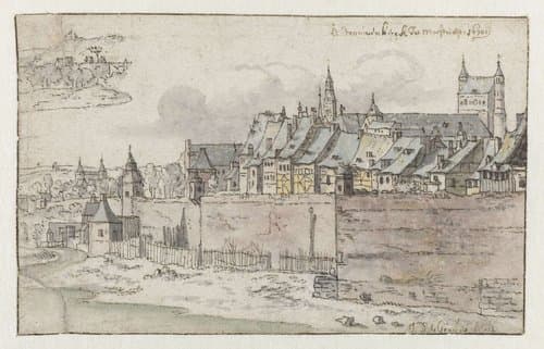Gezicht op de muren van Maastricht met de O.L.Vrouwe-Basiliek in de achtergond by Josua de Grave