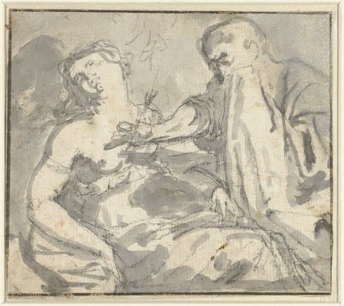 Een man verwijdert een pijl uit de borst van een vrouw (Cephalus en Procris?) by anonymous