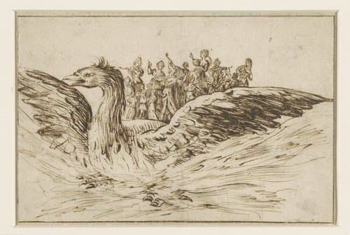 Muzikanten op de rug van een grote vogel by anonymous