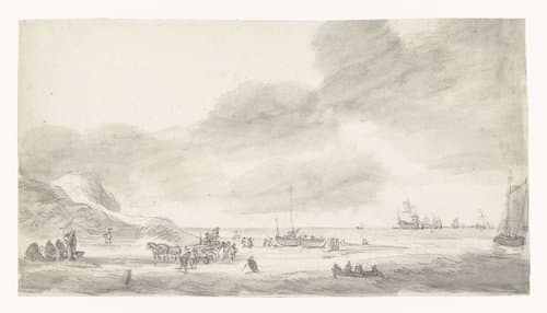 Strandgezicht met schelpenvissers en wandelaars by Simon de Vlieger