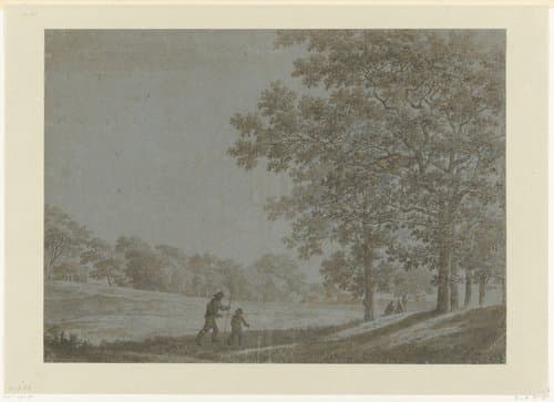 Wandelaars op een weg langs hoge bomen by Joris van der Haagen