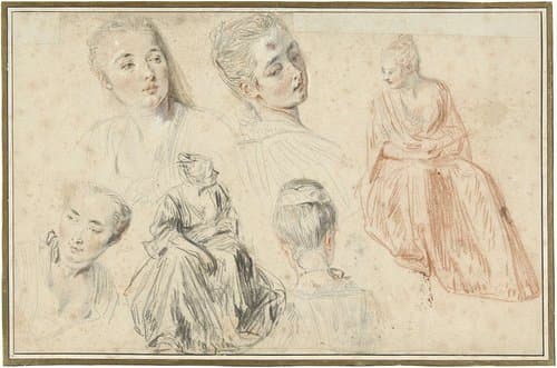 Vier vrouwenhoofden en twee zittende vrouwen by Jean Antoine Watteau