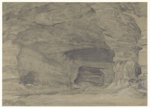 Twee figuren wandelen binnenin een grote grot by Alfred Robaut