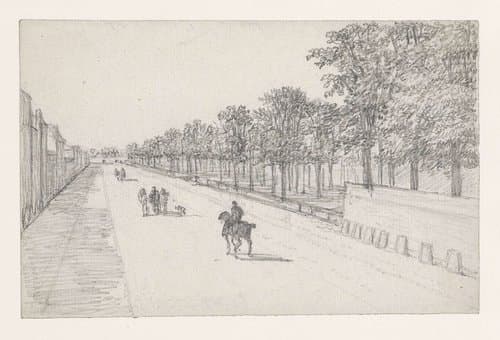 Straatweg met ruiters op de weg en rechts bomen by Georges Michel