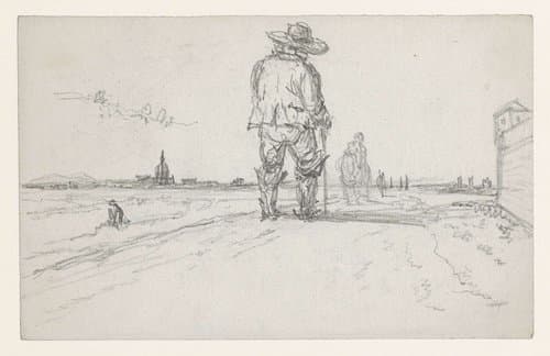 Landweg in de omgeving van de stad met wandelaar van achteren gezien; links de koepel van de Invalides by Georges Michel