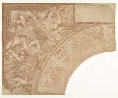 Ontwerp voor een hoekstuk van een plafond met zittende figuren by Mattheus Terwesten