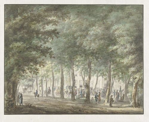 Gezicht in de Haarlemmerhout, met een menigte mensen voor het Heerenlogement by Hermanus van Brussel