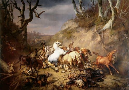 Hongerige wolven overvallen een groep ruiters by Eugène Verboeckhoven