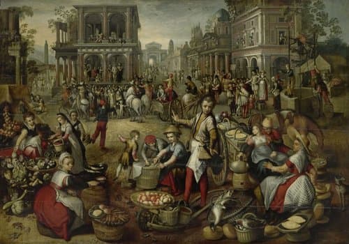Marktplein, met op de achtergrond de geseling, Ecce Homo en de kruisdraging by Joachim Bueckelaer
