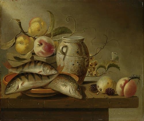 Still Life with Earthenware Jar, Fish and Fruit by Harmen Steenwijck