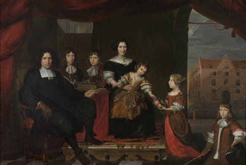 Reyer Reyersz van der Burch (1630-1695), Ammunition Officer attached to the Arsenal of the States-General, Delft, with his Wife Geertruid Graswinckel and their Children Frank, Cornelis, Reyer, Maria and Alida by Cornelis de Man
