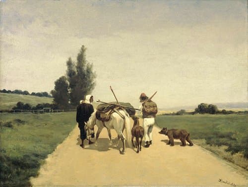 Rondtrekkende familie op een landweg by Karel Frederik Bombled