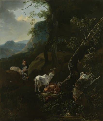 Een herderin met vee in een bergachtig landschap