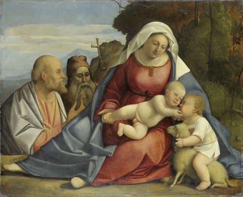 Maria met het kind, de kleine Johannes de Doper, Petrus en Antonius de Heremiet by anonymous