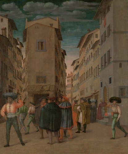 Florentine Street Scene with Twelve Figures (Sheltering the Traveler, one of the Seven Works of Mercy) by anonymous