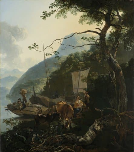 Boatmen moored on the shore of an Italian lake; perhaps intended to represent the flight into Egypt