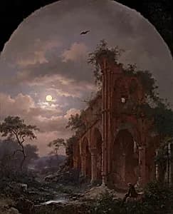 Monk Meditating near a Ruin by Moonlight by Frederik Marinus Kruseman
