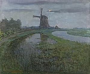 Oostzijdse Mill along the River Gein by Moonlight by Piet Mondriaan