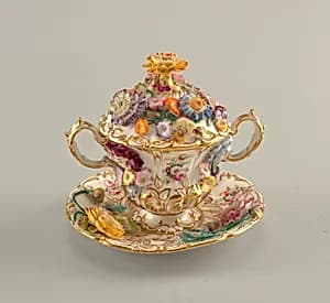 Covered Two-Handled Cup and Saucer