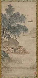 Fisher folk moored under trees
