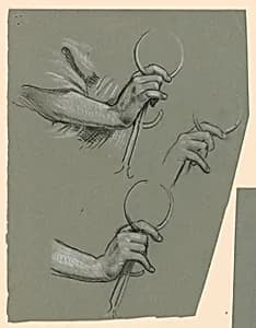 studies of hands holding calipers