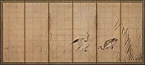 Two geese and grasses 雁図屏風