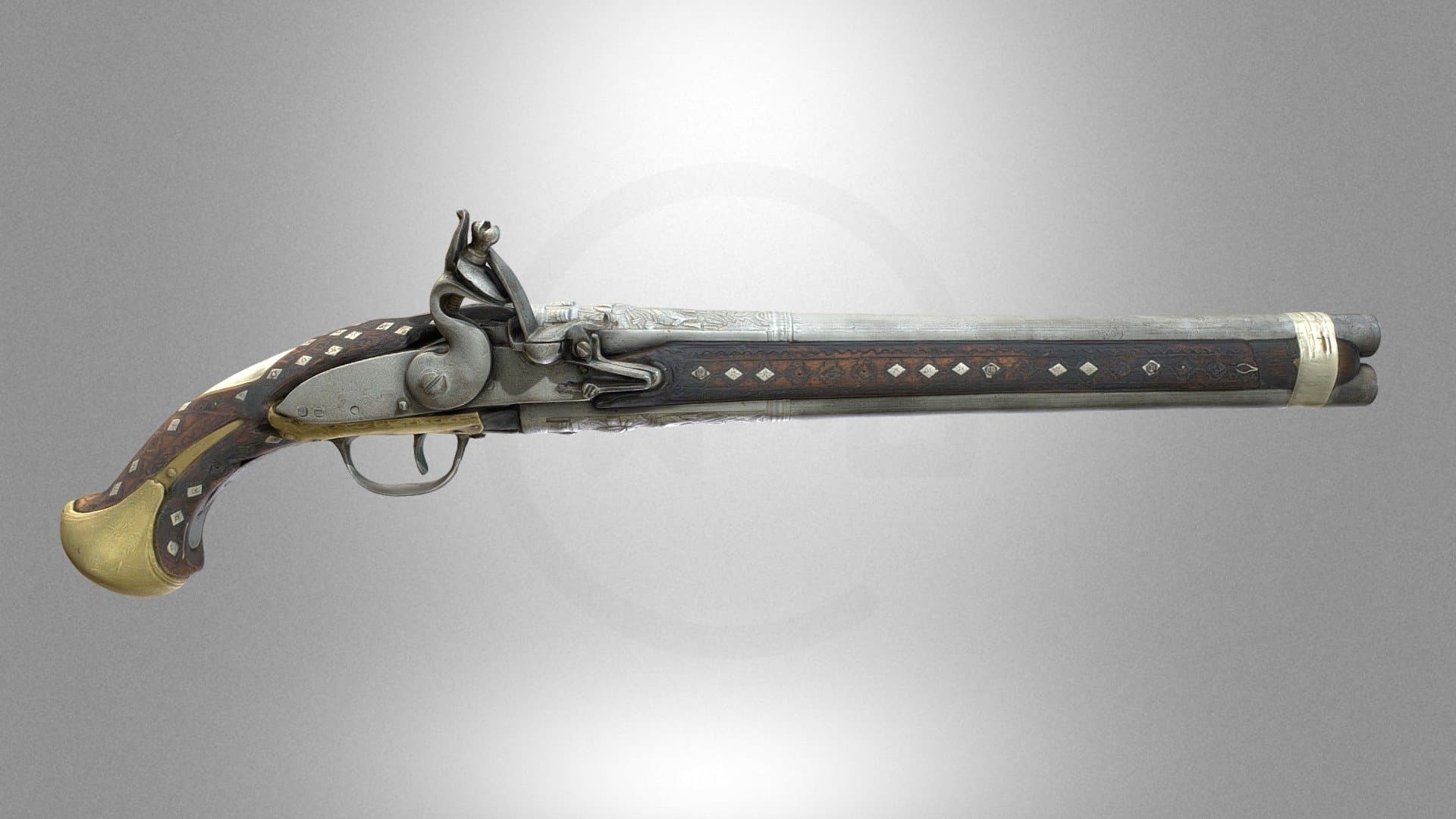 A double-barrel flintlock handgun