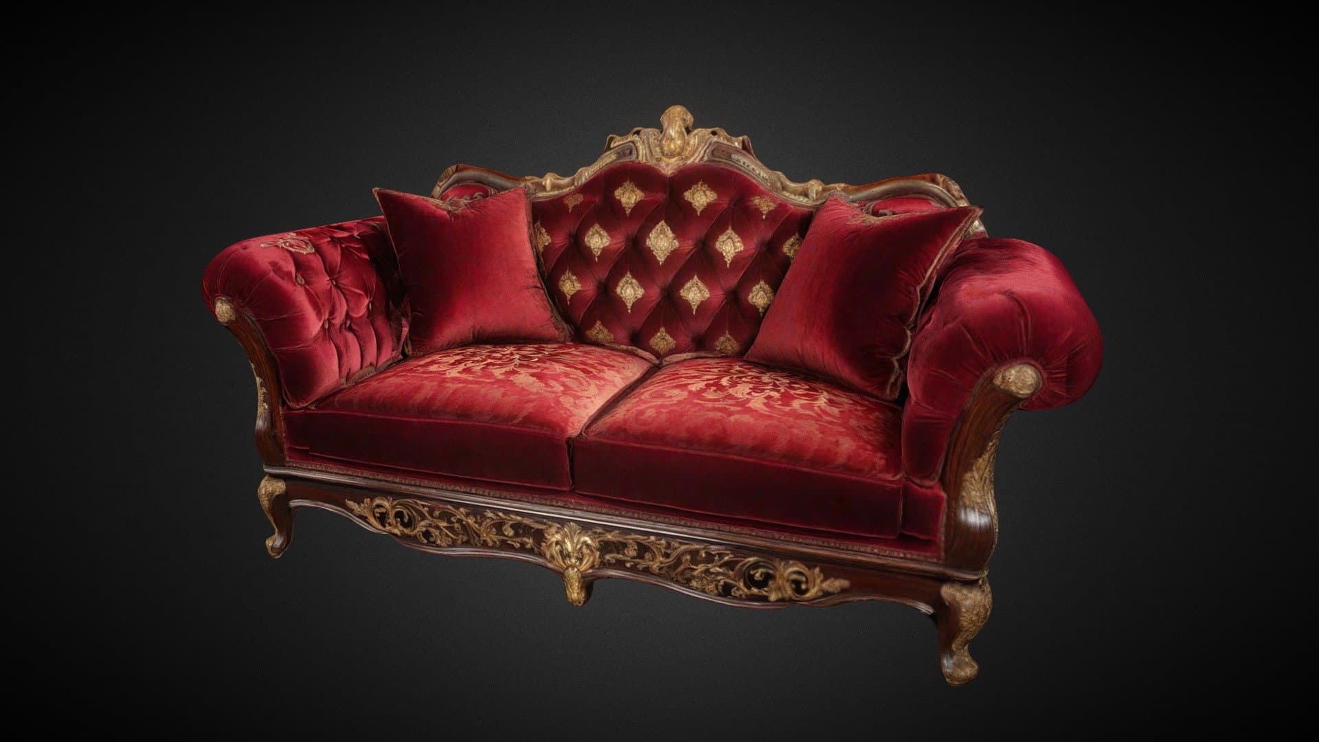 Luxurious royal sofa with pillows, two seats.