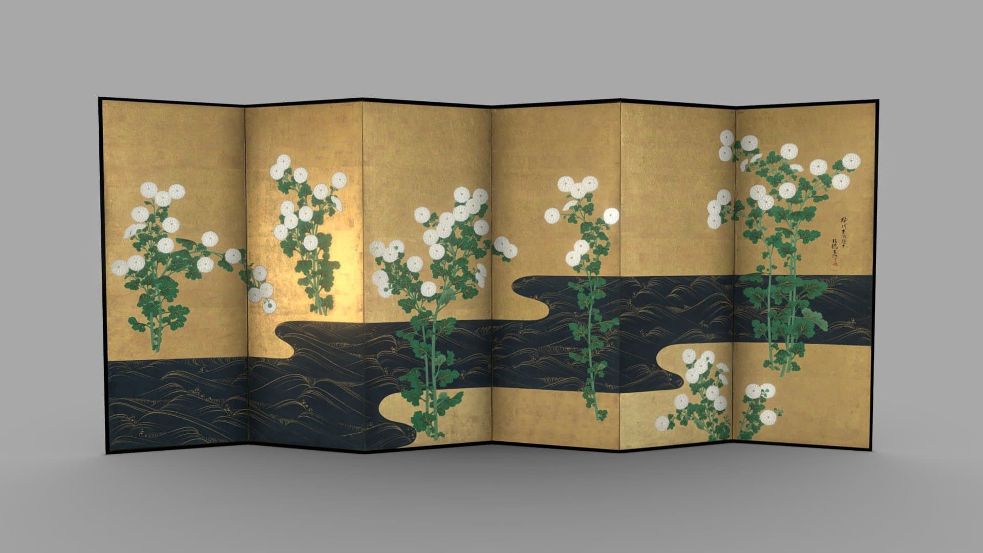 'Chrysanthemums by a Stream', byōbu