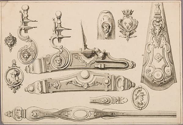 Design of a Flintlock, Side Plate, Butt Plate, and Trigger Guard, unnumbered plate from Nouveaux Desseins d'Arquebuserie Inventez et Gravez par Le Sr. Gillot