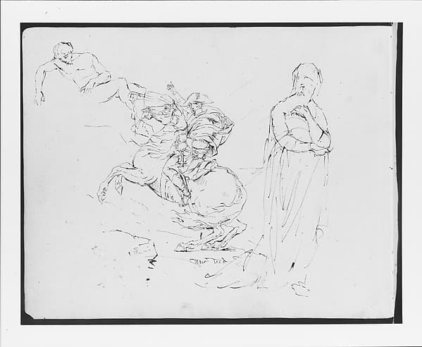 Sketch after David's Napoleon Crossing the Alps; a Recumbent Nude Male; a Standing Female (from Sketchbook)