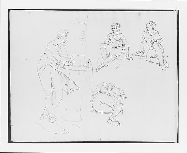 Two Seated Figures; One Sleeping Figure; Standing Man Leaning on Ship Railing (from Sketchbook)