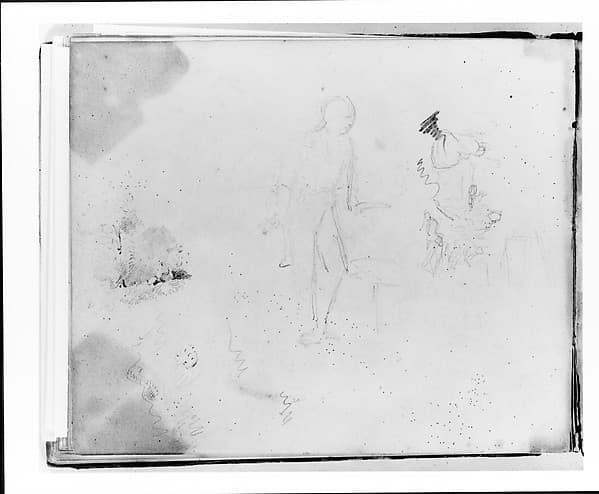 Three Studies: Standing Figure Facing Left; Interior with Figures and a Dog; Landscape (from Sketchbook)
