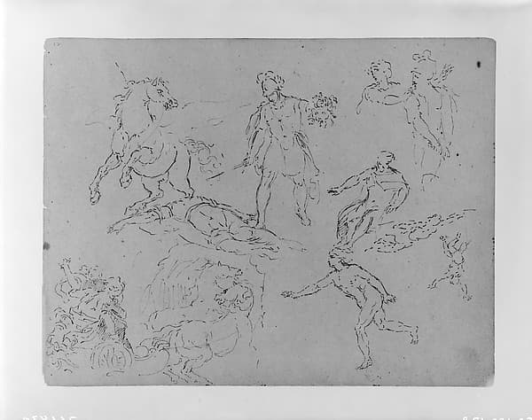 Figure Sketches, Including Pegasus and Perseus with Head of Medusa; (Rape of Persephoney?) (from Sketchbook)