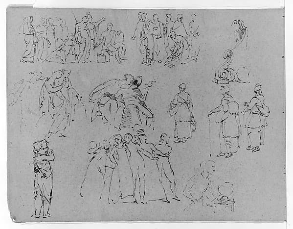 Sketches of Friezes and Groups of Figures in Three Tiers, Some Antique, Some 16th and 17th Century Genre (from Sketchbook)