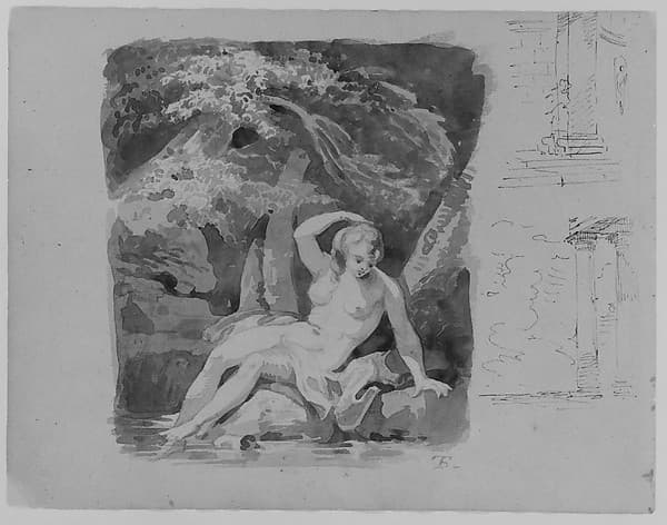 Reclining Female Nude in Landscape; Two Architectural Sketches (from Sketchbook)