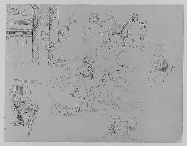 Two Architectural Sketches; Three Men Seated at Table; Child Holding Pet in Landscape; Figure Appearing Behind Corner; Scene from Julius Ceasar (from Sketchbook)