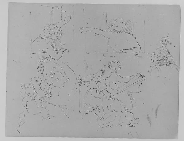 Two Sketches of Females Looking out of a Window; Seated Female; Mother Playing with Child; Seated Male and Female Looking at a Book (from Sketchbook)