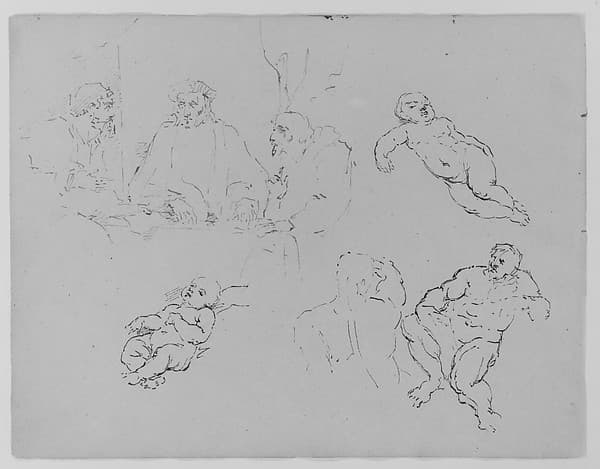 Three Seated Men Conversing; Two Recumbent Children; Back of an Athlete; Seated Male Figure (from Sketchbook)
