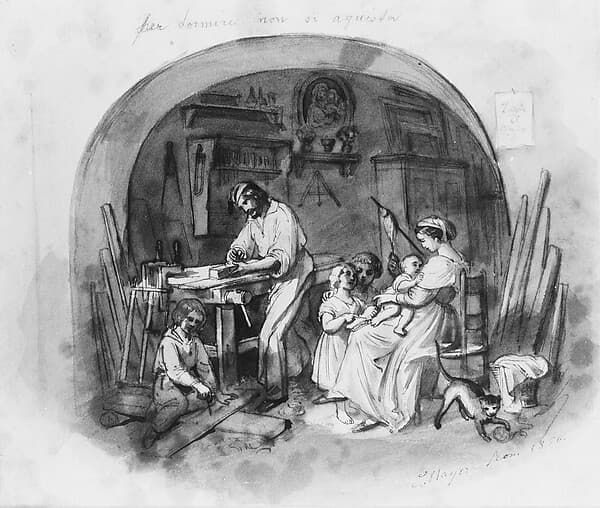 Interior Setting: Carpenter at Work with Family (from Cropsey Album)