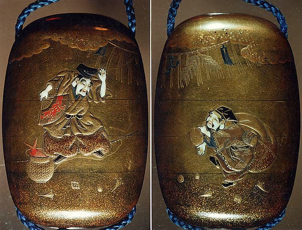 Case (Inrō) with Design of Ebisu and Daikoku Dancing beneath New Year's Decorations