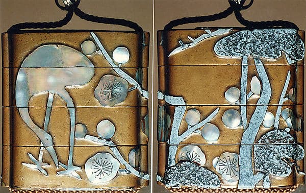 光琳様式　梅鶴蒔絵螺鈿印籠|Inrō with Crane and Plum Tree