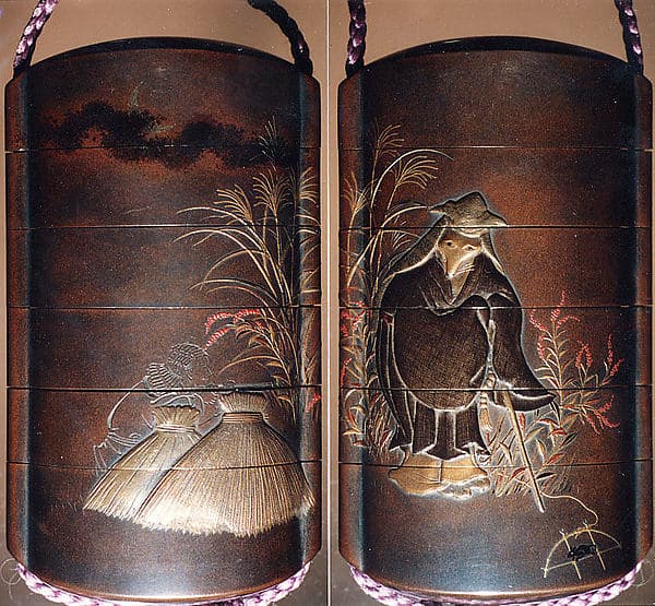 Case (Inrō) with a Fox from the Kyōgen Play The Fox Hunter (Tsurigitsune); Hunter behind Haystacks from the Kyōgen Play "Hakuzōsu" (reverse)
