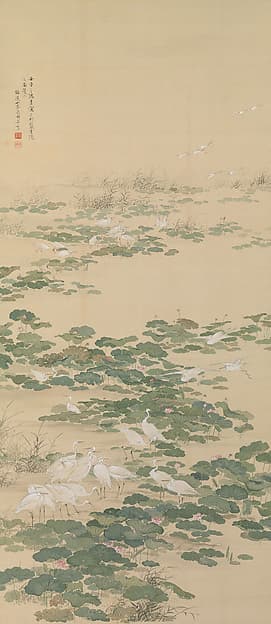 山本梅逸筆　蓮池白鷺図|Egrets in a Lotus Pond