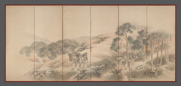 松村呉春筆 山樵漁夫図屏風|Woodcutters and Fishermen