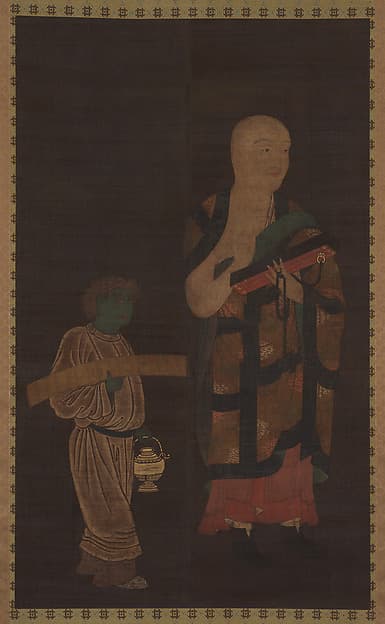 伝春日基光筆 玄奘三蔵像|Portrait of Xuanzang (Genjō) with Attendant